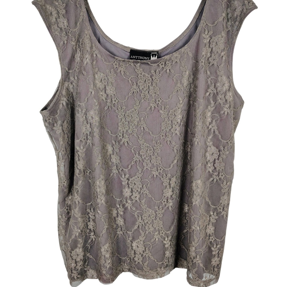 NWT Antthony Womens 1X Lace Overlay Tank Top Mauve Floral Romantic Coquette